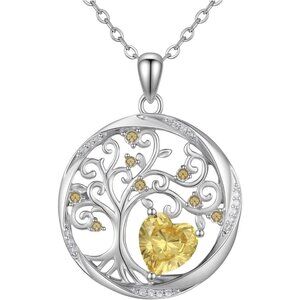 Sterling Silver Tree of Life Necklace with Citrine Birthstone, Adjustable Chain,
